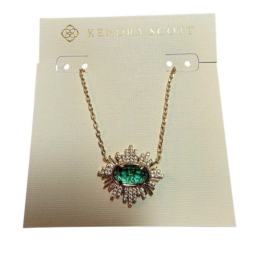 Kendra Scott Grayson Sunburst Frame Pendant Necklace Gold Green Glass No Box